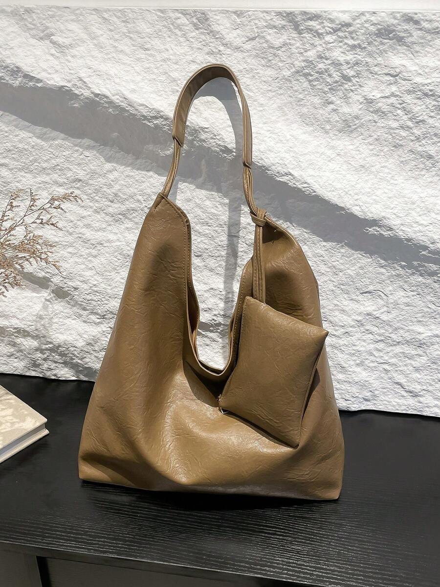 1 件纯色可折叠大容量 PU 单肩包，复古休闲轻便学生购物手提包 - 卡其色 - 查看 1