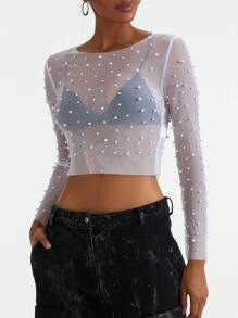 Women T-Shirt, Long Sleeve Crew Neck See-Through Pearls Slim Fit Ladies Tops For Club Party - White - View 5