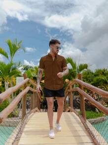 Men's Short Sleeve Shirt With Priest Collar, Linen Look - Assorted Colors - Comfortable - 摩卡棕 - 查看 6