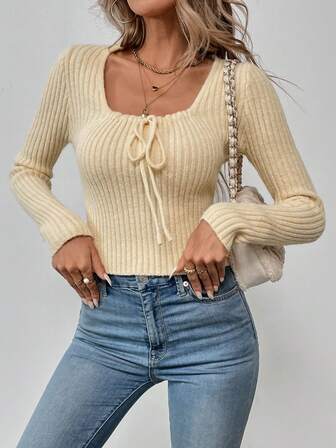 女士休闲纯色抽绳毛衣，秋冬