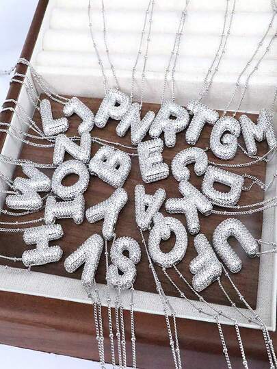 1pc Copper Zirconia Studded Personalized Hip Hop 26 Alphabet Letter Pendant Necklace, Chunky Balloon Letter Choker