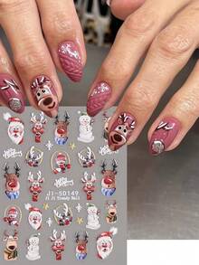 2 件装 5D 浮雕圣诞快乐美甲贴纸卡通趣味鹿红色圣诞老人熊降雪树枝可爱冬季新年 DIY 自粘指甲滑块贴花美甲 - 彩色 - 查看 2