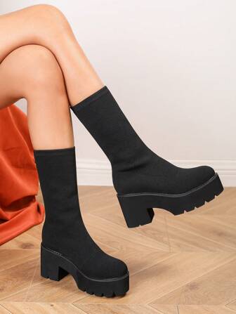 2024 New Knit Stretch Ankle Boots With High Heel, Thick Heel, Breathable Women Boots For Spring Autumn Winter