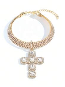 1pc Exaggerated Rhinestone Cross Necklace, Stylish And Chic Hiphop Charm Choker Necklace For Women