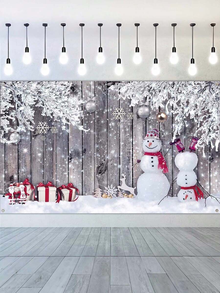 Nhiếp ảnh nền Giáng sinh Người tuyết mùa đông Quà tặng ông già Noel Nền gỗ Nền tiệc Giáng sinh gia đình Nền tiệc năm mới 59in*39in - Trắng - Xem 1