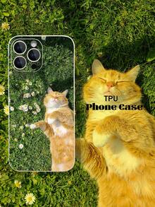 新颖波浪形手机壳 1 件 可爱橙色猫草地图案 TPU 手机壳 兼容 iPhone/：15/15PLUS/15PRO/15PROMAX - 彩色 - 查看 1