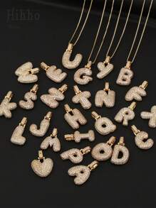 1 件/套 26 件不锈钢方晶锆石英文字母吊坠项链女士 - 金黃色 - 查看 6