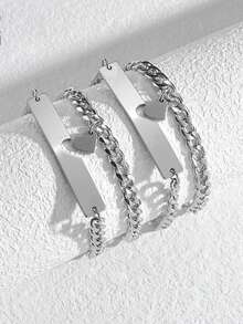 1 对简约时尚钛钢拼图心形情侣手链 - 銀色 - 查看 6