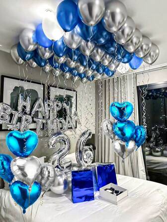 47 件/套美式蓝色“生日快乐”铝箔气球套装，包含蓝色和银色心形气球，适合生日派对、家庭聚会背景装饰