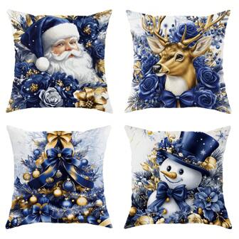 4 piezas Fundas de cojín decorativas con estampados navideños de Papá Noel, muñeco de nieve, ciervos y árboles florales en azul y blanco suave y acogedor de 18x18 pulgadas para decorar la sala de estar, dormitorio y sofá en Navidad e invierno, sin relleno
