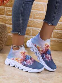 2024 女士弹力针织袜鞋，透气百搭高帮厚底休闲运动鞋，踝靴 - 彩色 - 查看 2