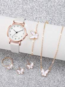 6 件/套时尚简约圆形阿拉伯心形设计表盘表带石英手表 + 蝴蝶首饰套装/爱心钻石套装/水滴钻石套装戒指、耳钉、手链、项链万圣节、圣诞节、情人节、母亲节、节日礼物的最佳选择套装 - 白色 - 查看 2