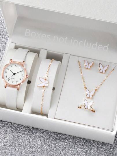 6 件/套时尚简约圆形阿拉伯心形设计表盘表带石英手表 + 蝴蝶首饰套装/爱心钻石套装/水滴钻石套装戒指、耳钉、手链、项链万圣节、圣诞节、情人节、母亲节、节日礼物的最佳选择套装