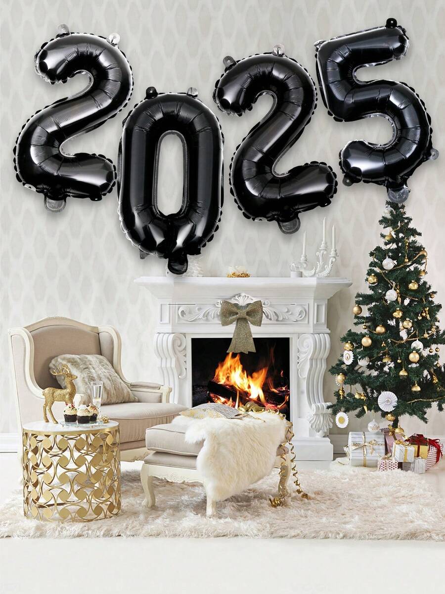 4 件 16 英寸/32 英寸 2025 黑色新年快乐数字气球，新年派对装饰，摄影工作室道具及用品，圣诞装饰，适用于除夕派对、周年纪念、毕业装饰 - 黑色 - 查看 1