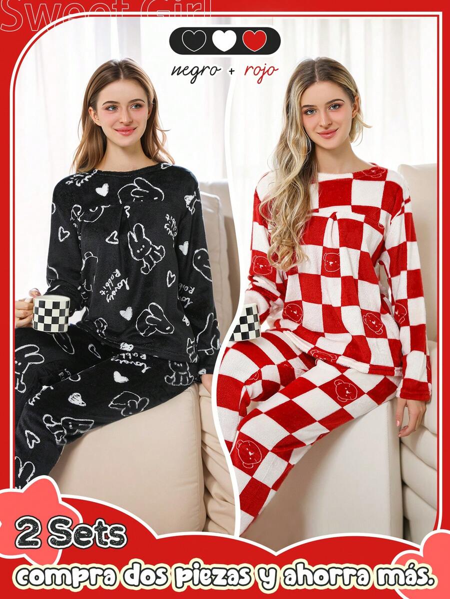 Conjunto de Pijamas Polar para Mujeres, Pijama térmico para invierno Mayoreo,Cómodos y Relajados - Rojo y blanco - Ver 1
