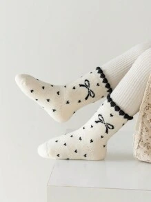 3 đôi tất cao đến đầu gối ấm áp dày có họa tiết nơ và trái tim cho trẻ em, phù hợp mặc thường ngày vào mùa thu/đông - Nhiều màu - Xem 4