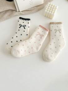 3 đôi tất cao đến đầu gối ấm áp dày có họa tiết nơ và trái tim cho trẻ em, phù hợp mặc thường ngày vào mùa thu/đông - Nhiều màu - Xem 2