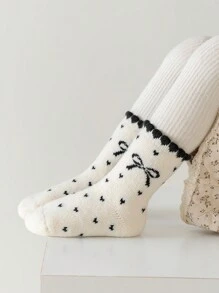 3 đôi tất cao đến đầu gối ấm áp dày có họa tiết nơ và trái tim cho trẻ em, phù hợp mặc thường ngày vào mùa thu/đông - Nhiều màu - Xem 3