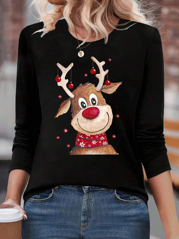 Camiseta de manga comprida casual com estampa de rena de desenho animado fofo de Natal