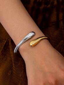 1 件双色金属袖口手镯，时尚简约金色，适合节日 - 彩色 - 查看 1