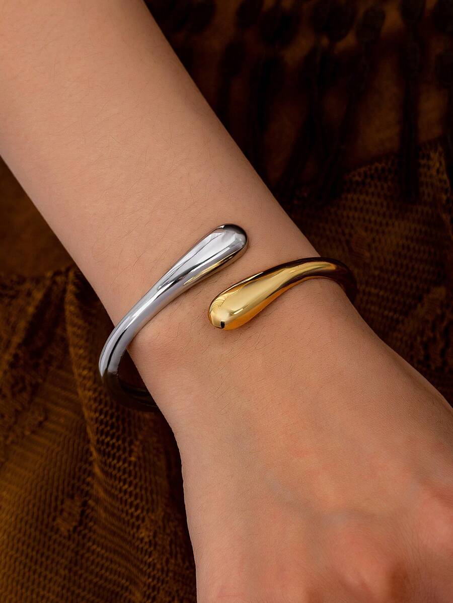1 件双色金属袖口手镯，时尚简约金色，适合节日 - 彩色 - 查看 1