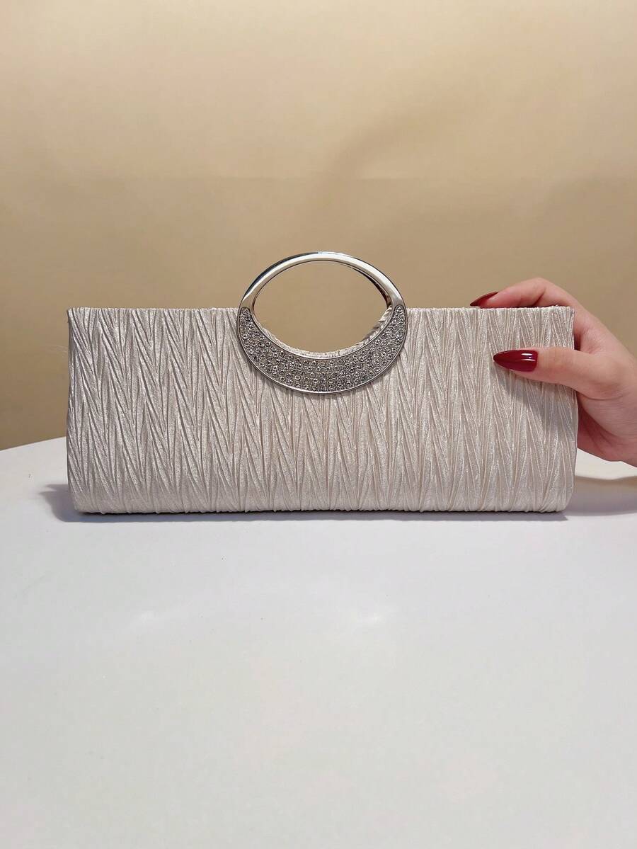 绿色小号水桶设计包条纹褶皱手提包经典简约晚宴包宴会派对手拿包日常旅行手提包 - 杏色 - 查看 1