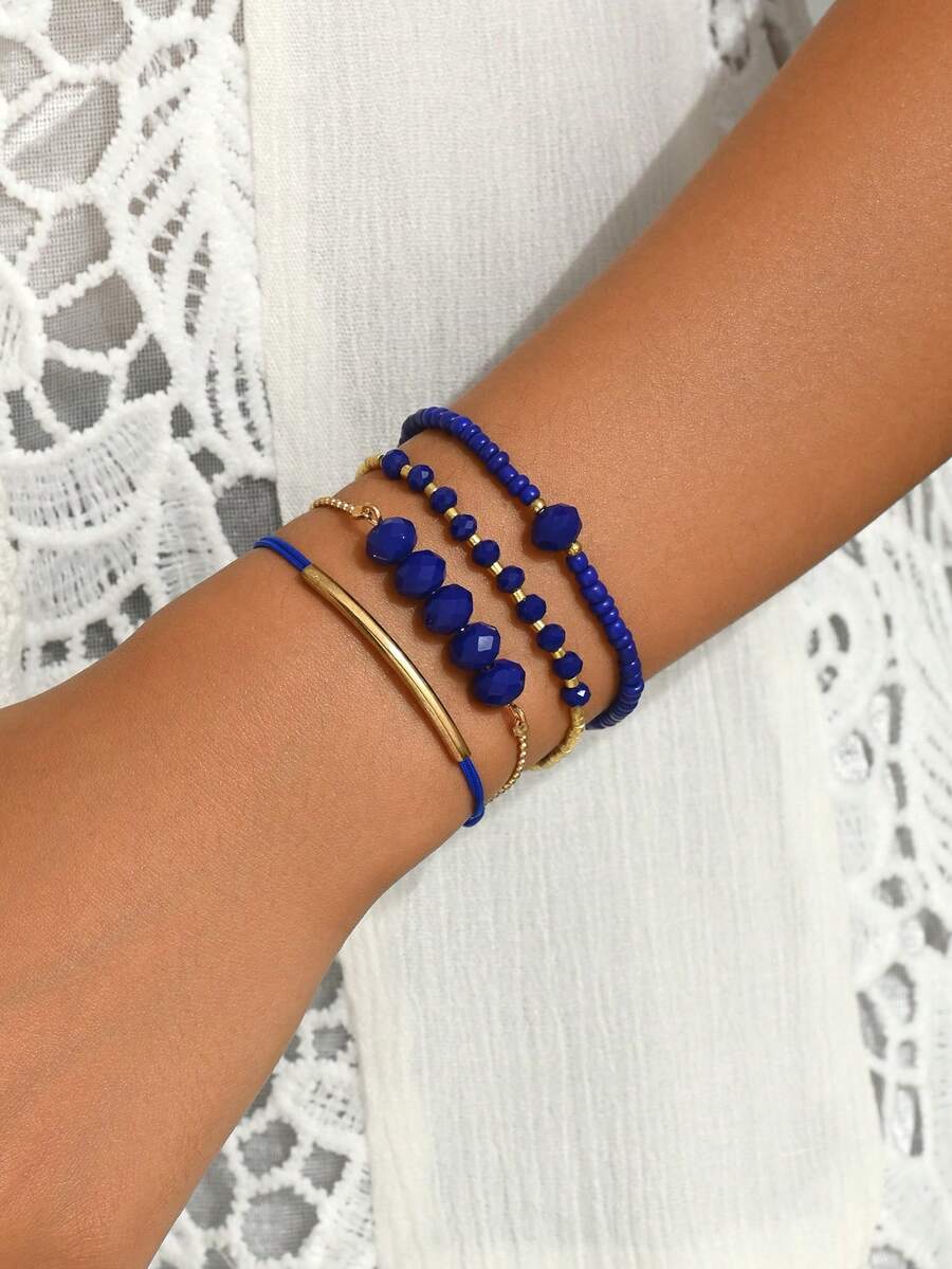 4 件波西米亚风极简主义黑色和金色玻璃水晶珠手链套装，日常佩戴 - 藍色 - 查看 1