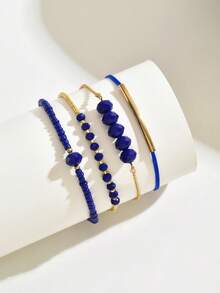 4 件波西米亚风极简主义黑色和金色玻璃水晶珠手链套装，日常佩戴 - 藍色 - 查看 3