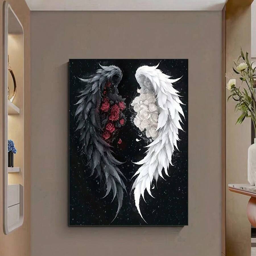 Black And White Rose Wing Diamond Painting Kit For Home Wall Decor - Suitable For Living Room And Perfect For Gifting Friends And Family - Multicolor - View 1