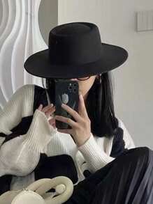 1 件男士秋冬新款羊毛毡牛仔帽，纯色巴拿马平顶帽，时尚英伦风羊毛毡帽，适合秋冬季日常外出、聚会和活动