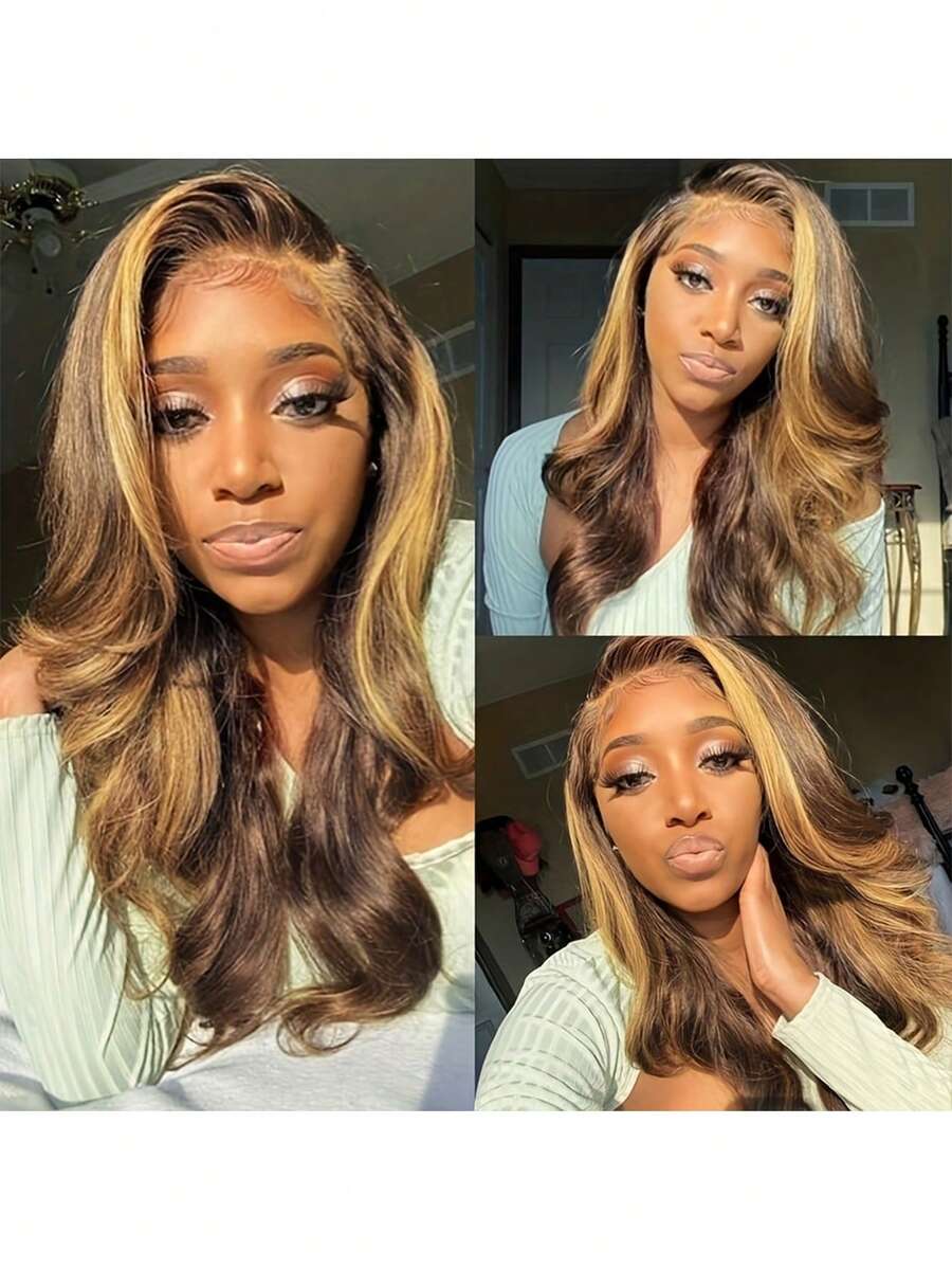 34 英寸挑染假发人发波浪卷发 13x4 蕾丝前假发渐变色 4/27 彩色人发假发 女士雷米蕾丝前假发 150% 密度无胶人发假发 8-34 英寸 - 間色和鋼琴色 - 查看 1