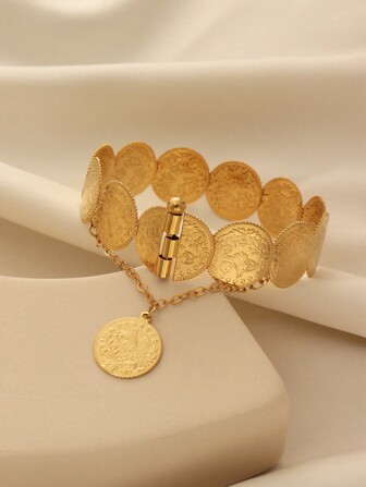 1pc Vintage Copper Coated Coin Assembled Pendant Bracelet, Suitable For Women's Daily Wear And Holiday Gift