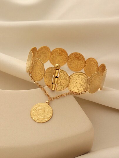 1pc Vintage Copper Coated Coin Assembled Pendant Bracelet, Suitable For Women's Daily Wear And Holiday Gift