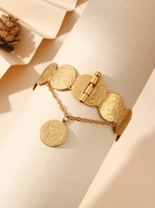 1 pieza Brazalete con colgante de moneda recubierto de cobre vintage, adecuado para el uso diario de la mujer y como regalo para vacaciones - Amarillo Oro - Ver 3
