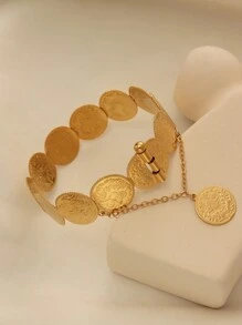 1 pieza Brazalete con colgante de moneda recubierto de cobre vintage, adecuado para el uso diario de la mujer y como regalo para vacaciones - Amarillo Oro - Ver 2