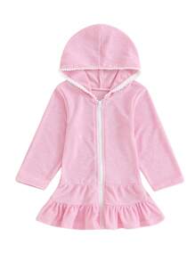 Vestido de playa de manga larga con volantes y cremallera para niñas de 2 a 8 años, primavera y otoño - Rosa - Ver 1