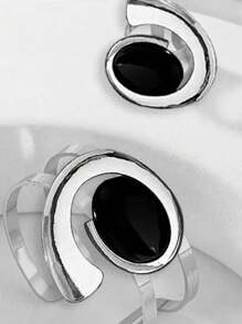 1set Fashion Exaggerated Pearl Inlaid Metal Bracelet & Ring Jewelry Mini Suit For Women, Perfect Gift - Antique Silver - View 3