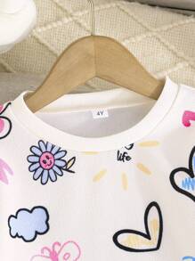 2pcs Young Girls Fashion Elegant Casual Printed Top And Pants Set