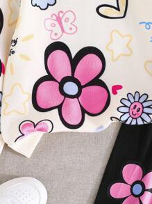 2pcs Young Girls Fashion Elegant Casual Printed Top And Pants Set
