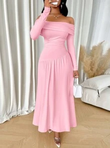 abyoxi Nuevo vestido largo elegante para mujer de manga larga, con hombros descubiertos, plisado, cintura asimétrica y unicolor, para fiestas y citas en primavera/verano