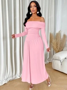 abyoxi Nuevo vestido largo elegante para mujer de manga larga, con hombros descubiertos, plisado, cintura asimétrica y unicolor, para fiestas y citas en primavera/verano