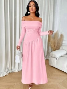 abyoxi Nuevo vestido largo elegante para mujer de manga larga, con hombros descubiertos, plisado, cintura asimétrica y unicolor, para fiestas y citas en primavera/verano