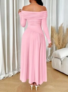 abyoxi Nuevo vestido largo elegante para mujer de manga larga, con hombros descubiertos, plisado, cintura asimétrica y unicolor, para fiestas y citas en primavera/verano