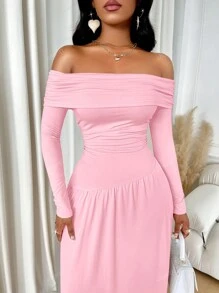 abyoxi Nuevo vestido largo elegante para mujer de manga larga, con hombros descubiertos, plisado, cintura asimétrica y unicolor, para fiestas y citas en primavera/verano