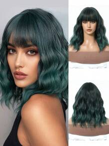 14英寸高品质舒适短卷假发，绿色渐变刘海，女士合成耐热假发，适合日常佩戴、派对、角色扮演、万圣节等场合。 - 墨綠色 - 查看 3