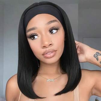 Peluca con venda para mujer, pelo liso corto de 10", 12" o 14", peluca de cabello yaki liso con venda, se pone y se va, sin pegamento, con apariencia natural, peluca sintética de estilo bob