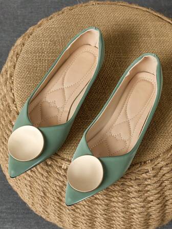 WHDXY 女士时尚金属扣尖头平底鞋，柔软皮革乐福鞋，四季百搭一脚蹬平底鞋，适合正装和休闲装