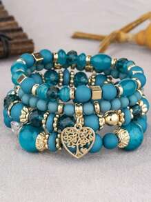 4pcs/Set Retro Bohemian Colorful Beaded Bracelets, Hollow Heart Crystal Pendant Multilayer Faux Pearl Strand Bracelet For Women