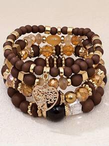 4pcs/Set Retro Bohemian Colorful Beaded Bracelets, Hollow Heart Crystal Pendant Multilayer Faux Pearl Strand Bracelet For Women