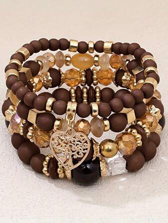 4 件/套复古波西米亚风彩色串珠手链，空心心形水晶吊坠多层仿珍珠串珠手链女士